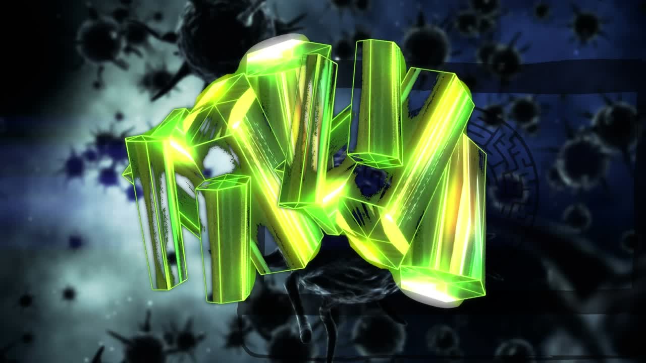 Animazione di rendering in 3D di forme verdi in crescita su cellule di Covid-19 che cadono