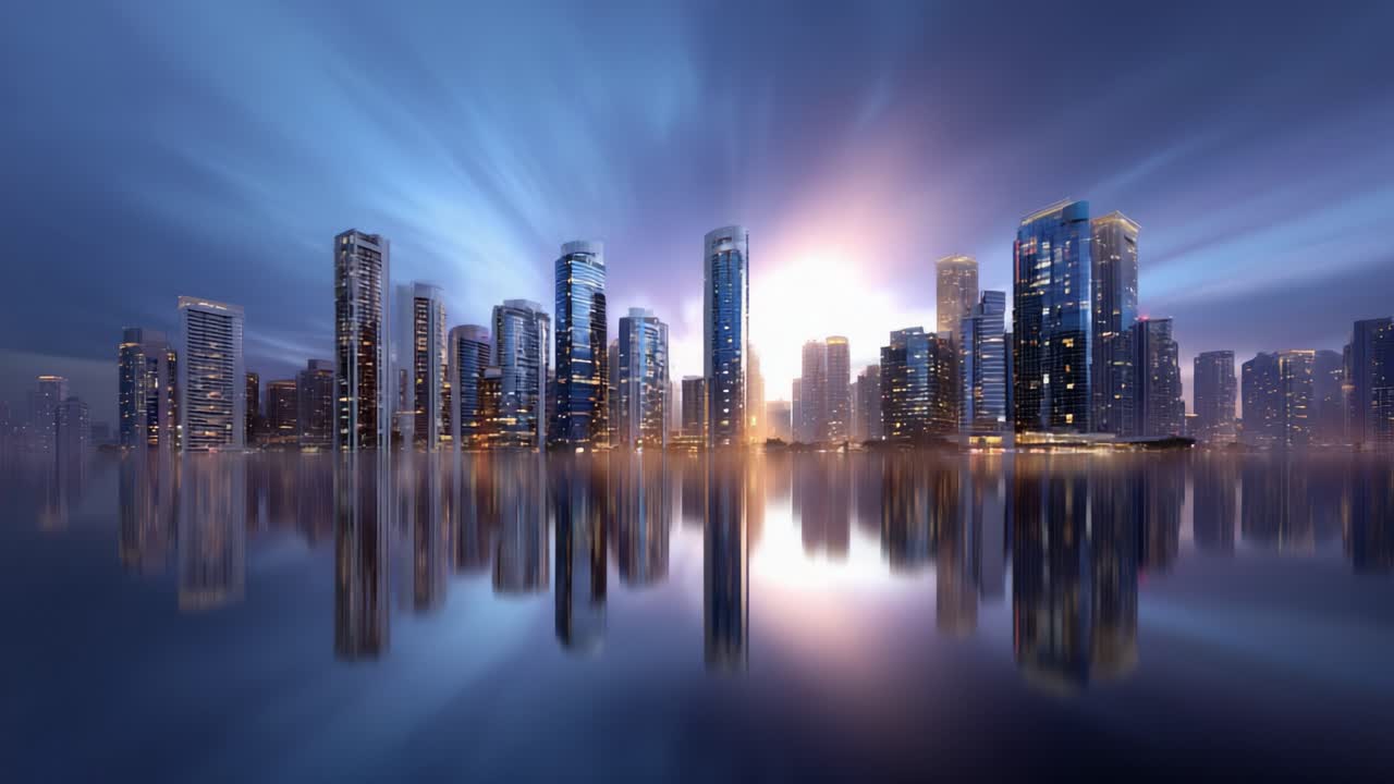 Stunning Urban Landscape at Dawn with Reflections on Water, Showcasing a Modern City Skyline Illuminated by a Vibrant Sunrise, Evoking Peace and Wonder