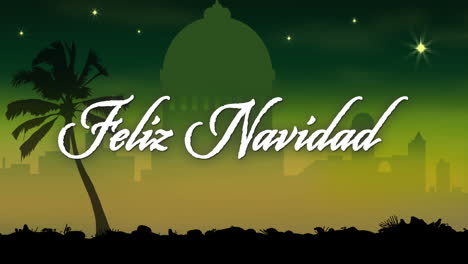 Animation-of-feliz-navidad-text-over-city-on-green-background