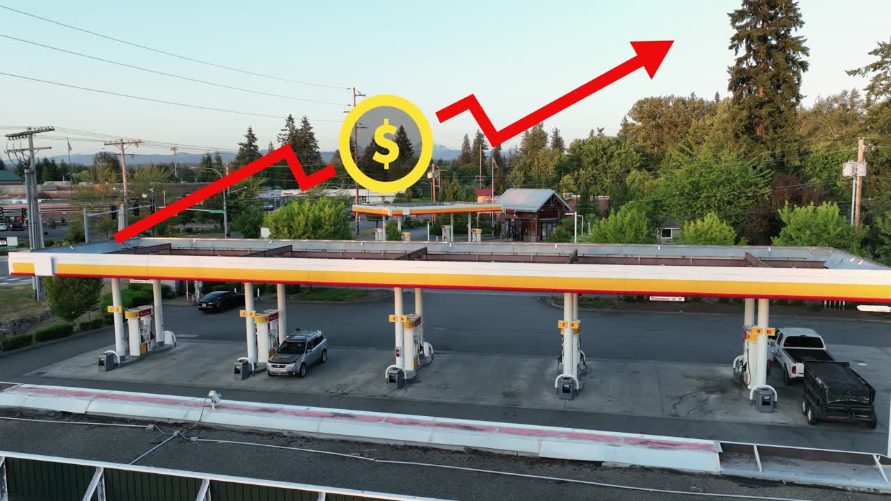 미국 주유소 위에서 가격이 상승하는 애니메이션