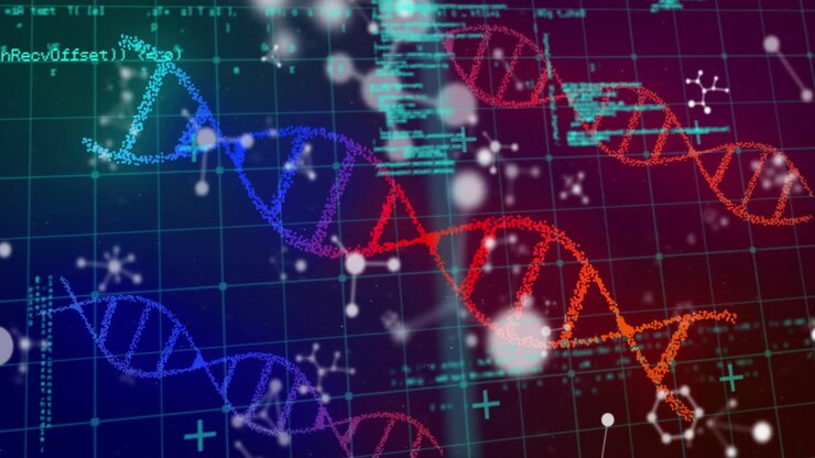 DNA strands and scientific data processing animation over grid background