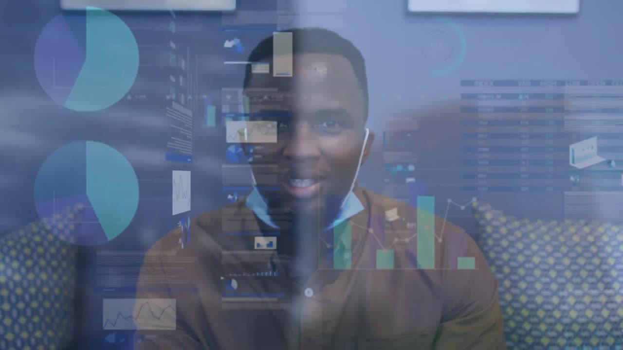 Animation of financial data processing over businessman with face mask talking in office