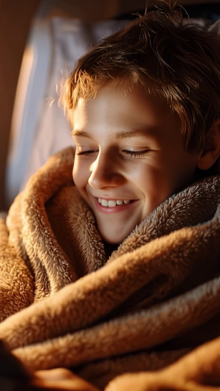 Bambino avvolto in una coperta morbida e calda. Riposa pacificamente, occhi chiusi in un sonno leggero. La luce del sole filtra attraverso la finestra vicina, proiettando un bagliore delicato. Il suo viso mostra serena contentezza, calmo e accogliente.