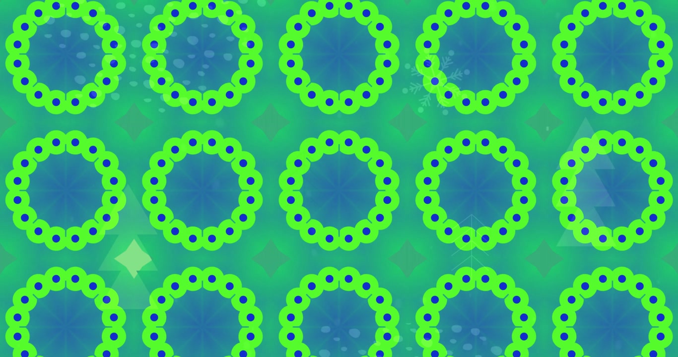 Animation of kaleidoscopic pattern over christmas tree icons and abstract shapes on green background