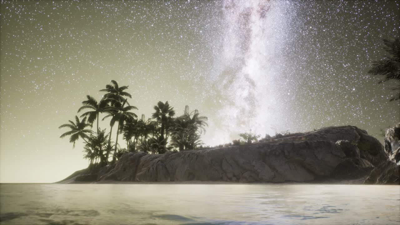 hermosa playa tropical de fantasía con estrellas de la vía láctea en el cielo nocturno
