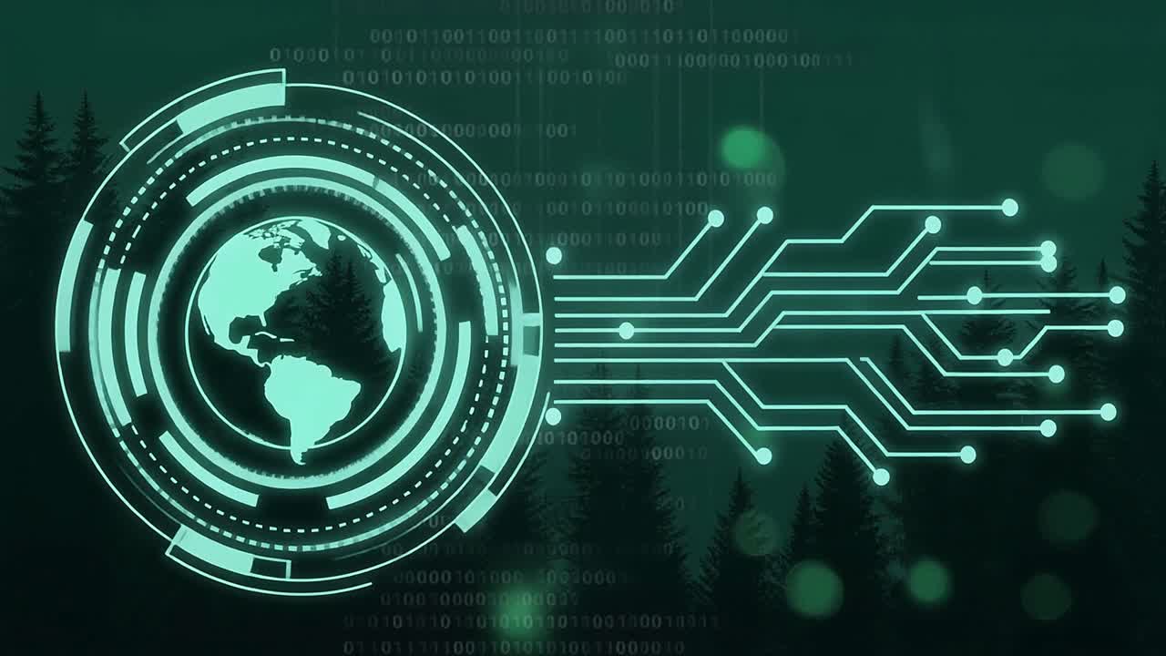 Digital Earth Globe with Circuitry and Forest Background