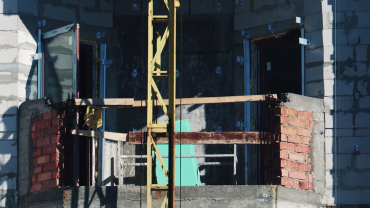 Nahaufnahme einer Baustelle mit unfertigem Balkon und sichtbaren Bauelementen.