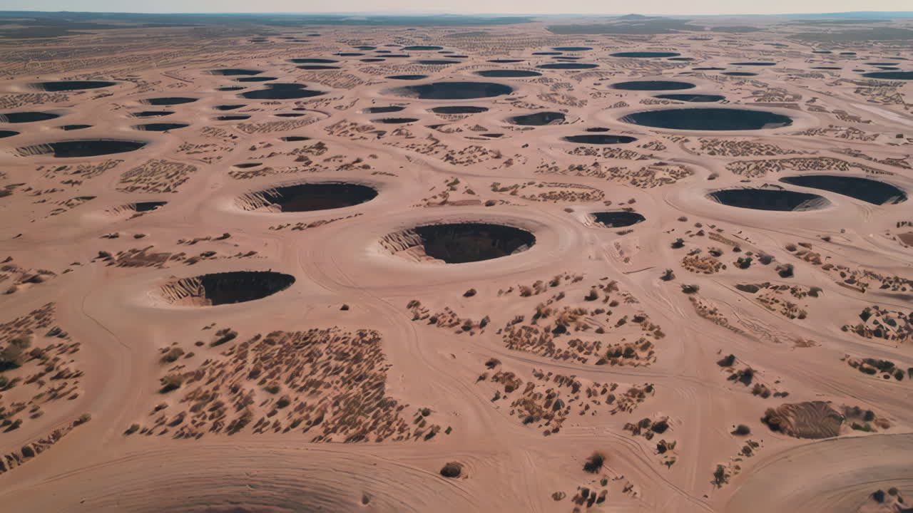 Aerial View of a Desert Landscape with Numerous Circular Holes