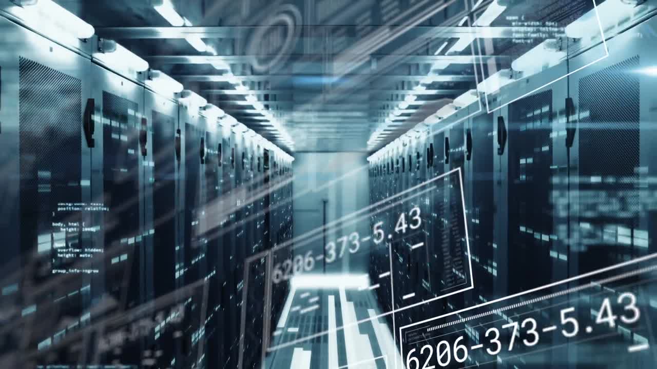 Animation of interface with data processing and mosaic squares against computer server room