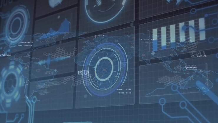 Animation of digital screens with data processing and world map