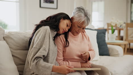 sad, woman and senior mother with support in home