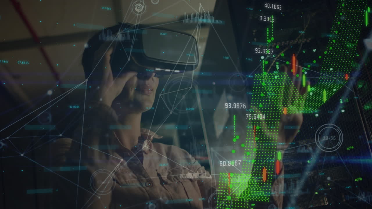 Animation af forbindelser og grafer over en asiatisk mand med VR-headset i et serverrum.