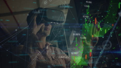 animation of connections and graphs over asian man wearing vr headset in server room