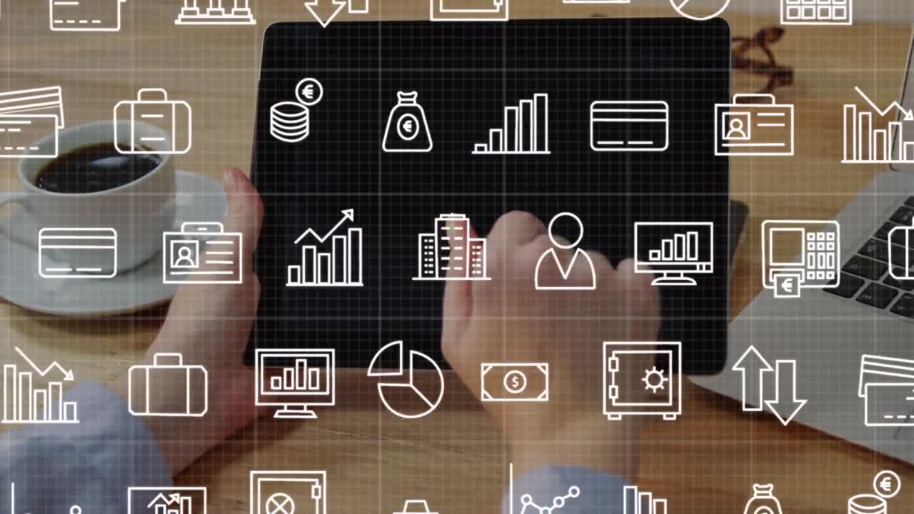 animación de iconos que caen sobre la persona que toma notas