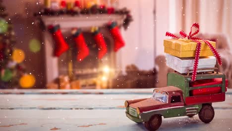 model car with christmas presents on its roof in a living room decorated for christmas combined with