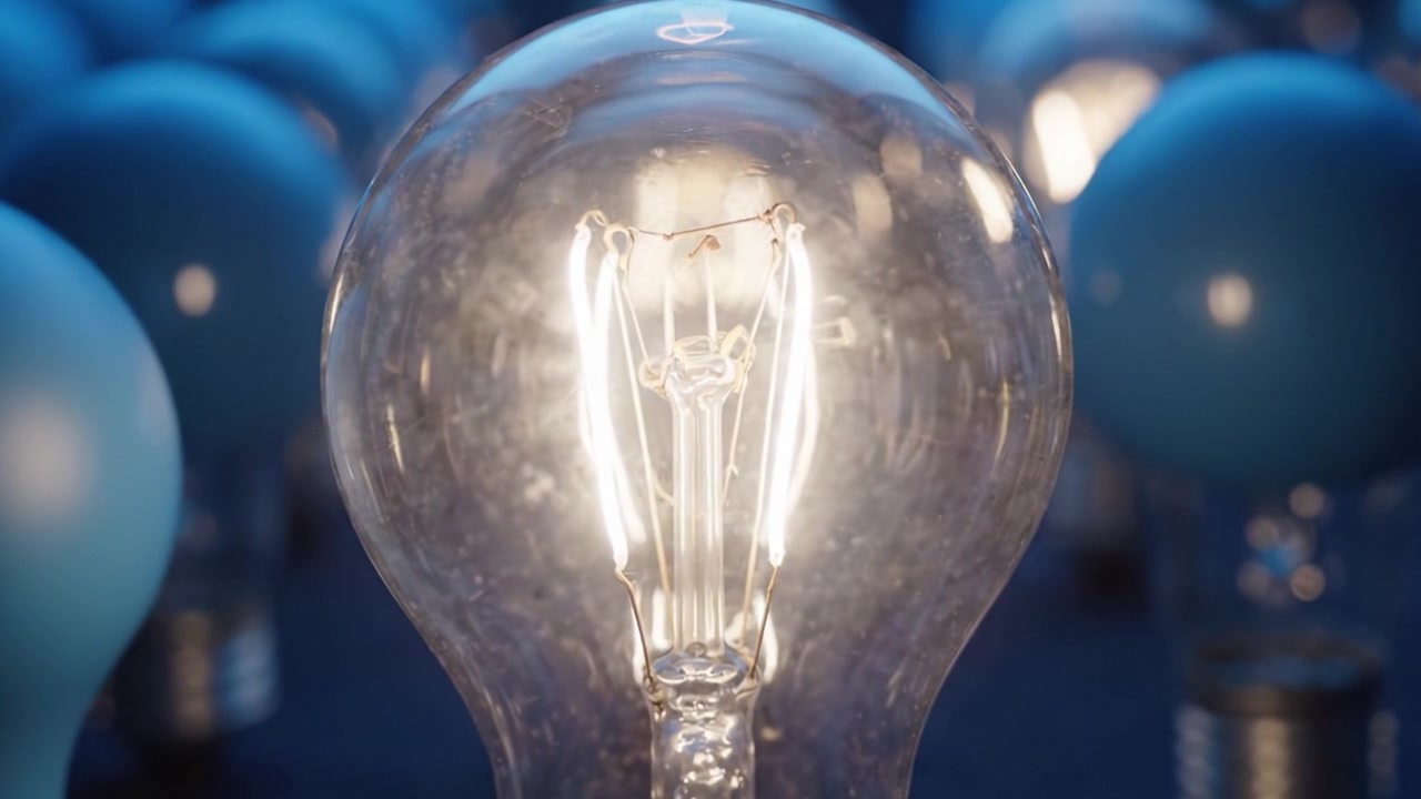 A captivating scene showcasing a glowing light bulb surrounded by dormant bulbs, symbolizing ideas, innovation, and illumination, highlighting the contrast between brightness and darkness.