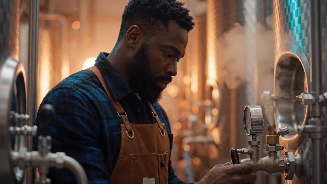 Craftsmanship in Brewing: A Dedicated Expert Monitors Equipment with Precision in a Modern Brewery, Ensuring Quality and Consistency in Every Brewed Batch.