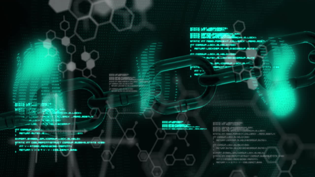 icono de cadena de seguridad sobre estructuras químicas y procesamiento de datos contra un fondo negro
