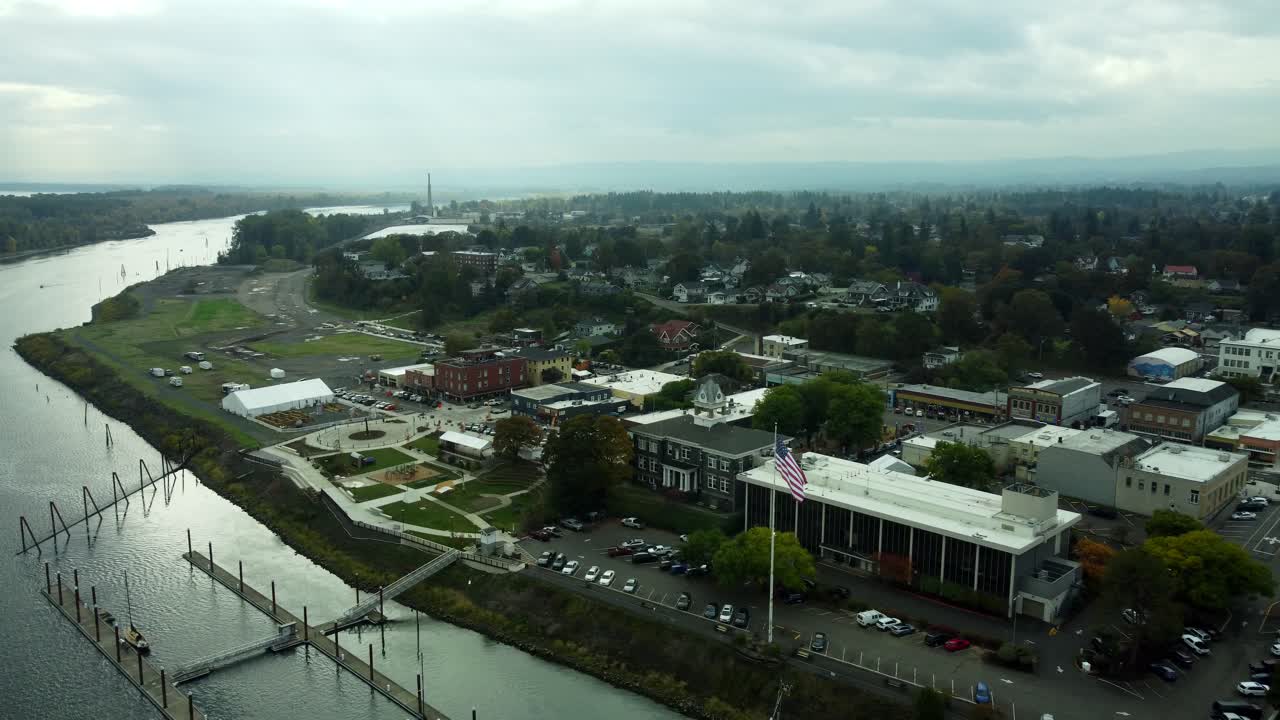 US, OR, St Helens, 2025-10-22 - Drone view of the city during its halloween Halloweentown celebration in the fall