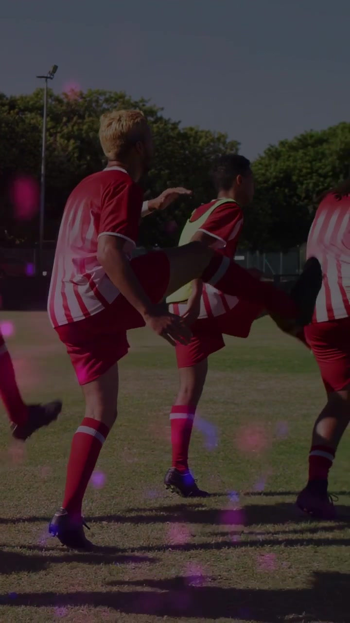 Video vertical: Jugadores haciendo elevaciones de piernas sincronizadas, comienza el ejercicio, superposición rosa sobre el equipo para deportes.