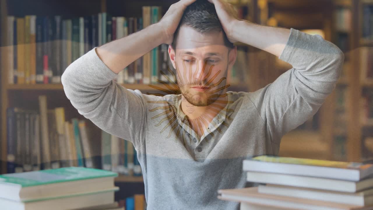 Animation of flag of argentina over stressed male student studying library holding head
