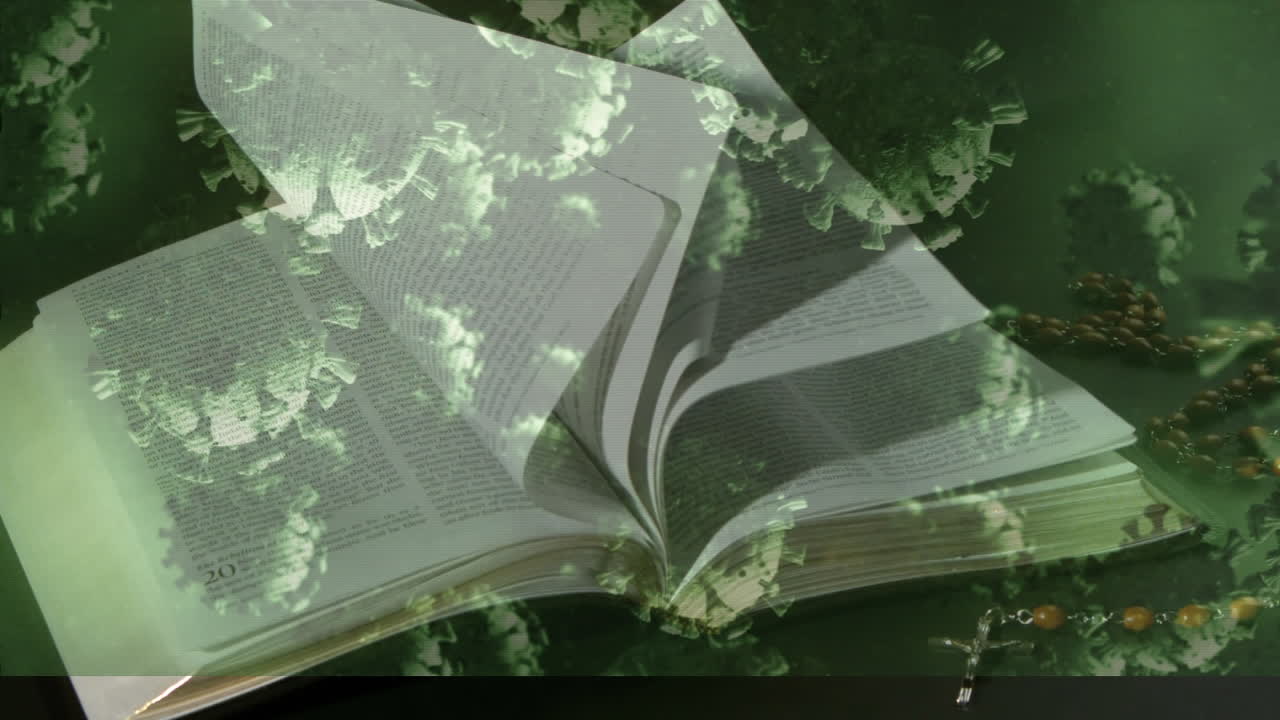 células de covid-19 que se mueven contra el rosario y la biblia