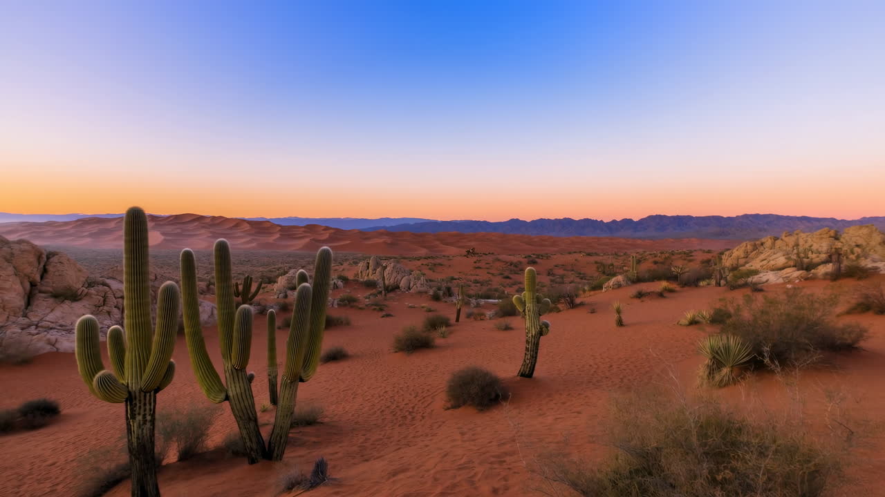 Time-lapse di un'alba nel deserto con cactus saguaro e dune di sabbia