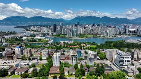 Downtown-Vancouver-Skyline-And-False-Creek-At-Daytime-From-Fairview-Neighbourhood-in-Vancouver,-Canada