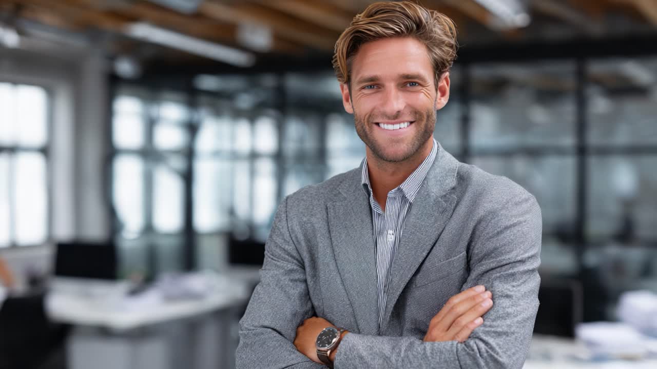 Un giovane uomo sicuro di sé in un ambiente professionale che sfoggia un sorriso smagliante, a significare positività e approcciabilità in un moderno ambiente d'ufficio