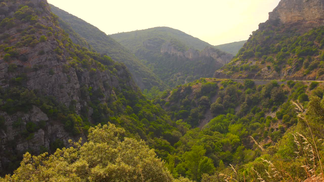 Scenic mountain valley with dense green forest in Haut-Languedoc Regional Nature Park, southern France