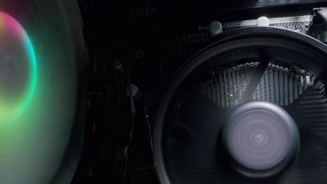 close-up view of pc components and cooling fans
