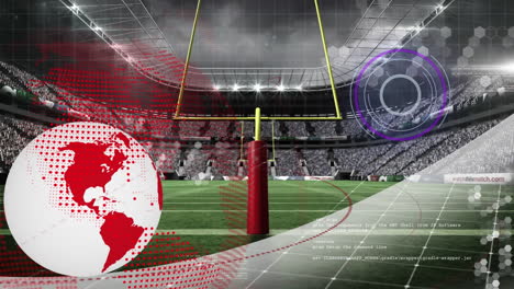 animation of globe, scanner and data processing over american football stadium pitch