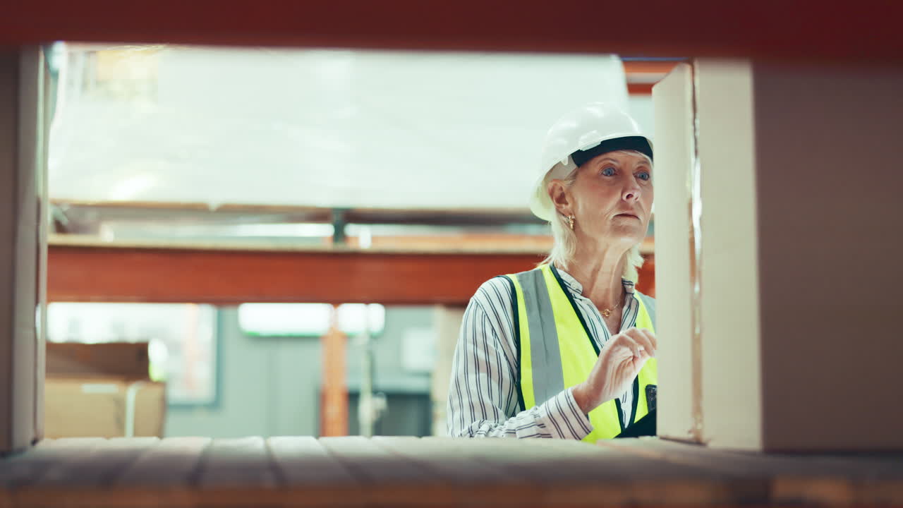 고위 여성, 태블릿 및 재고 검사