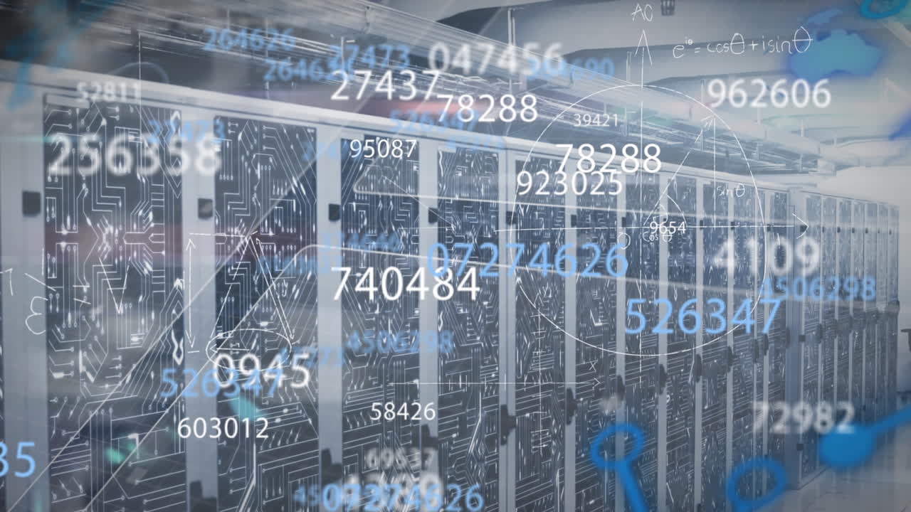 animación de números cambiantes, diagramas matemáticos en la sala del servidor en el fondo