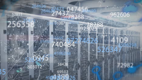 animation of changing numbers, mathematical diagrams over server room in background