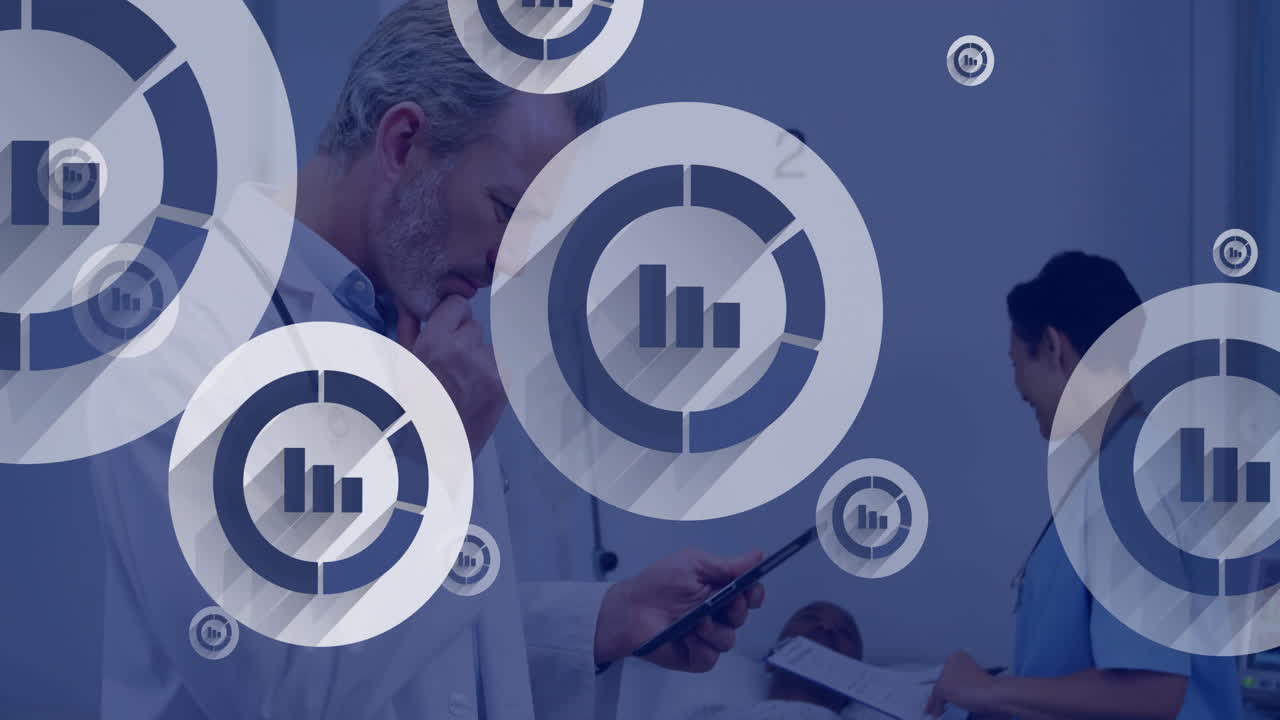 animación de una red de conexiones con iconos sobre un médico caucásico usando una tableta