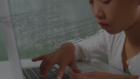 Animation-of-data-processing-over-asian-girl-using-laptop