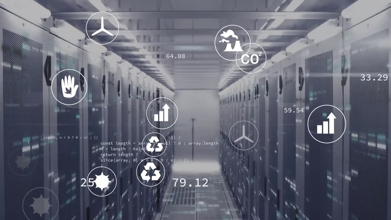 animación de iconos y lenguaje informático sobre barras en bastidores de servidores de datos en la sala de servidores