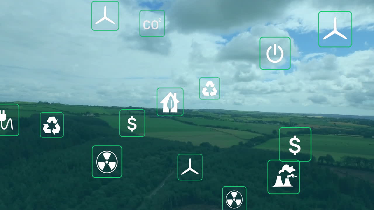 Aerial rural landscape being animated with floating green energy and eco icons in flat design