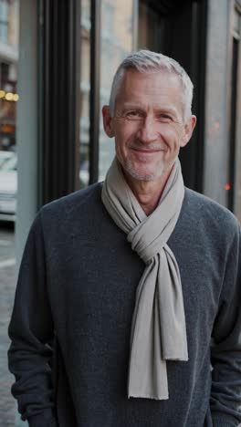 sophisticated senior gentleman wearing elegant dark gray sweater and warm scarf, standing confidently against blurred urban backdrop with varied expressive portraits