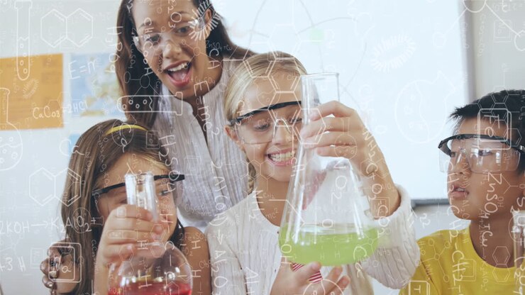 Animation of dna strand, mathematical equations over diverse teacher and children in science class