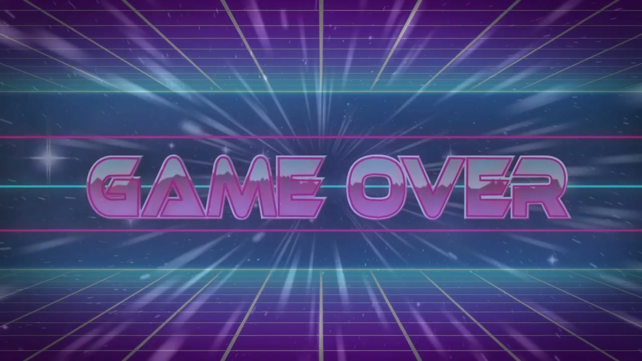 Texto "GAME OVER" 3D magenta varrendo do canto superior esquerdo, girando para o centro e pulsando para sinalizar o fim do jogo.