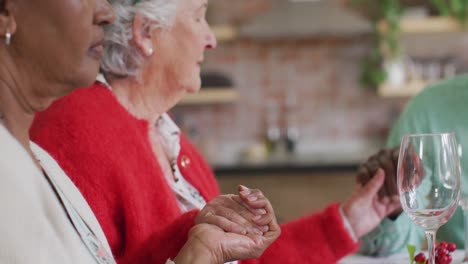 Happy-diverse-female-friends-celebrating-meal-at-christmas-time