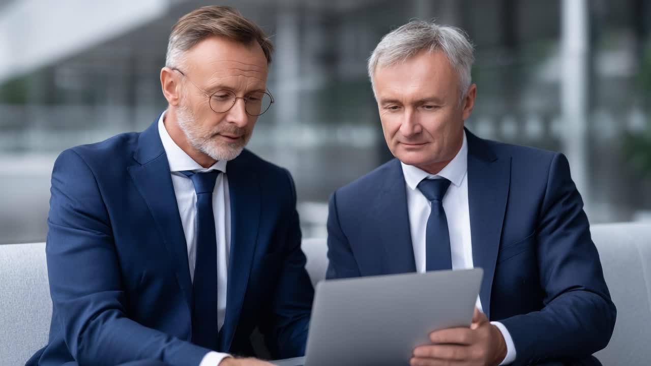 To forretningsfolk engasjert i samarbeidende diskusjon mens de analyserer en digital presentasjon i et moderne kontormiljø