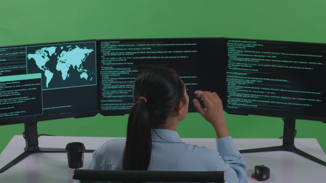 Back View Of Asian Woman Developer Thinking About Something Then Raising Her Index Finger While Write Code With Multiple Computer Screens In Green Screen Studio