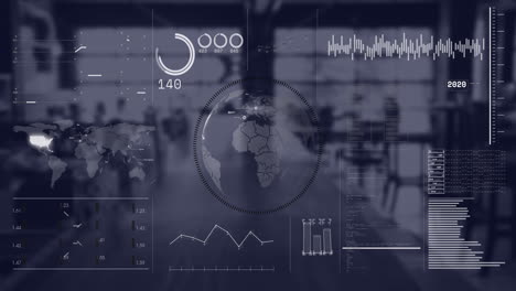 Animation-of-globe-in-circle,-graphs,-loading-bar-and-circles-with-changing-numbers-over-office