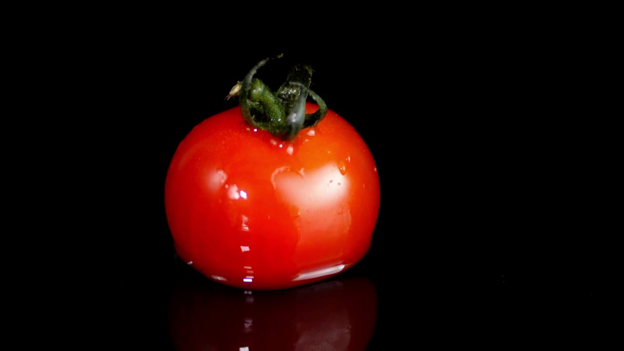 한 마리의 익은 토마토가 물에 떨어집니다.