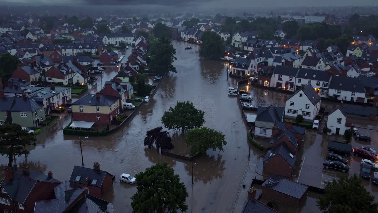Residential neighborhood submerged by torrential floodwaters, revealing widespread destruction beneath dark, ominous storm clouds spreading devastation across urban landscape