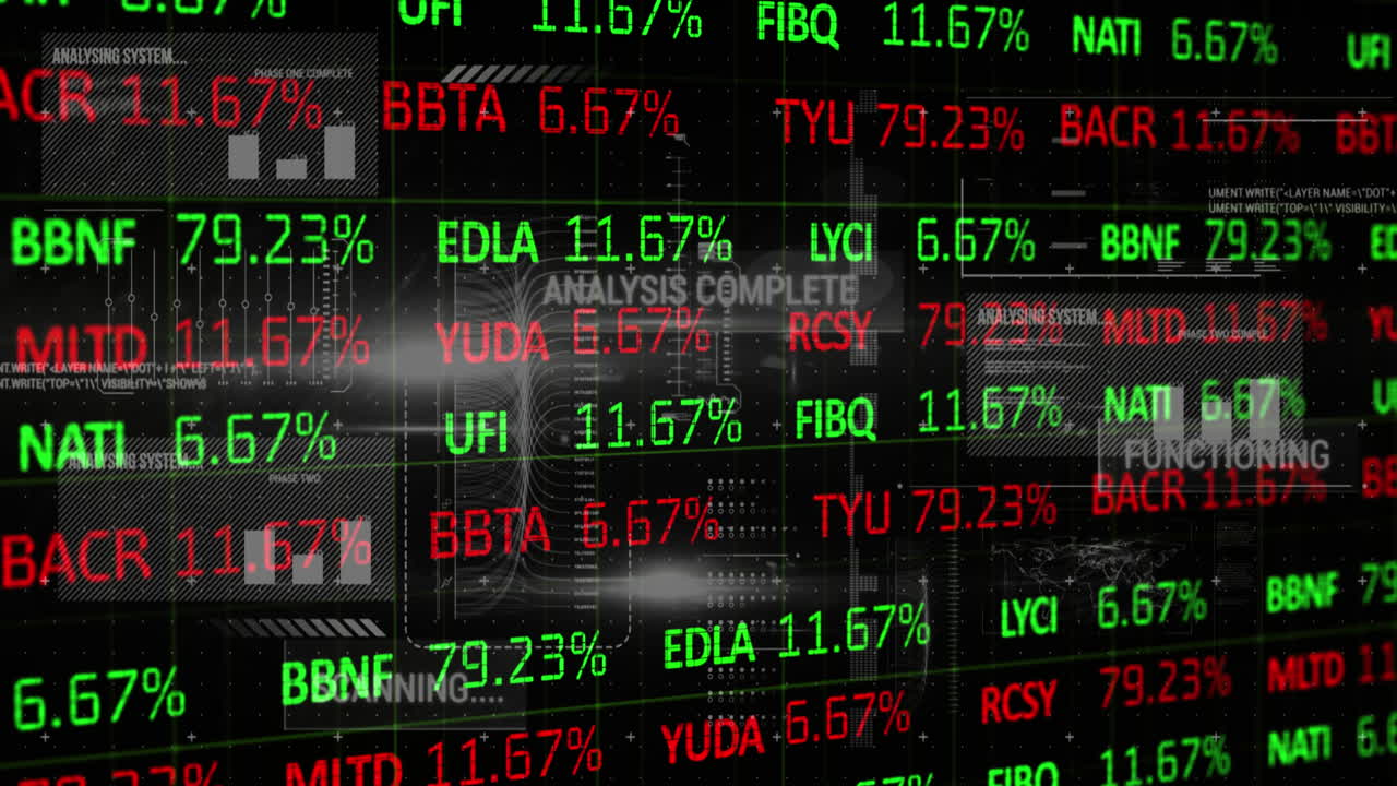 Animazione di elaborazione dati di borsa su interfaccia con processi di dati su sfondo nero