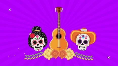 dia de los muertos celebration with skulls couple and guitar